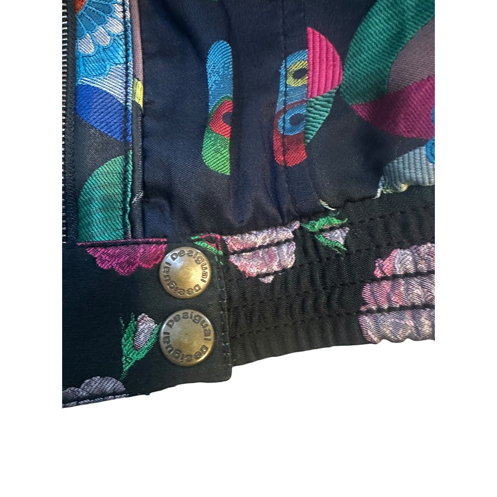 Desigual Jacket W. 40 Black Multi Color Floral Embroidered Moto Bomber Full Zip - Picture 2 of 13